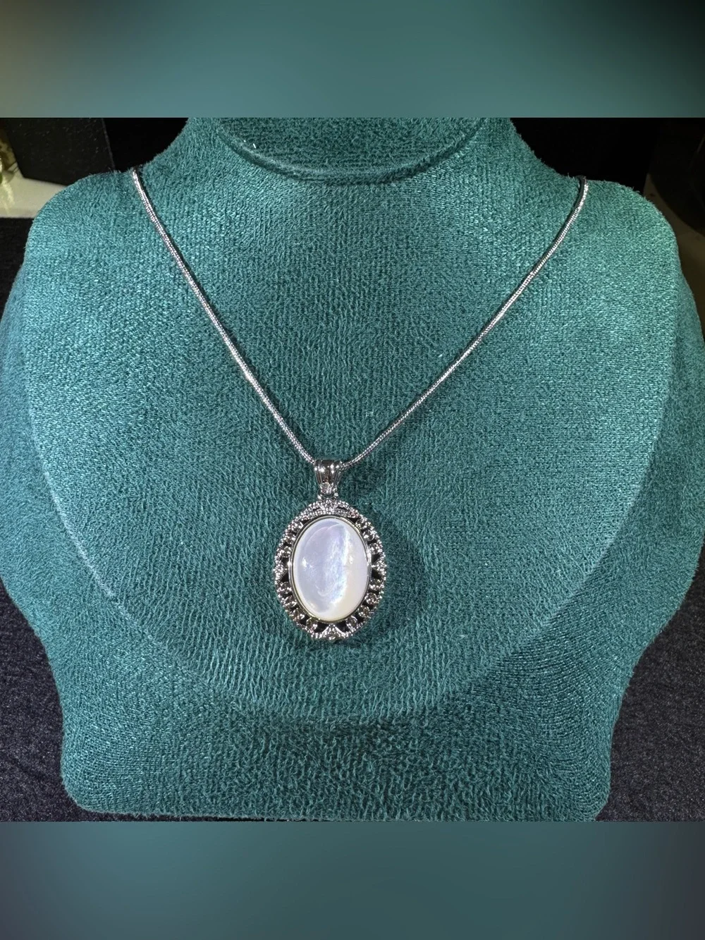 Vintage Oval Mother of Pearl CZ Halo Pendant Necklace